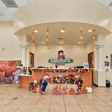 Ladybird Academy front desk decorated for fall