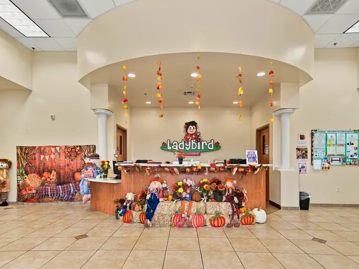 Ladybird Academy front desk decorated for fall