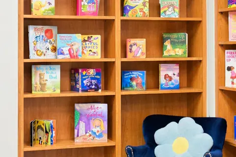 Picture-book shelves and a reading armchair with a flower pillow