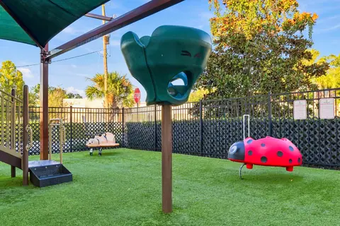 Ladybug spring rider and climbing pieces on the turf playground