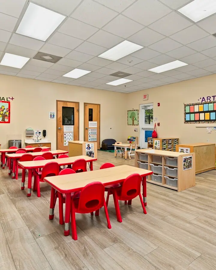 Preschool classroom with red tables, learning centers and art displays