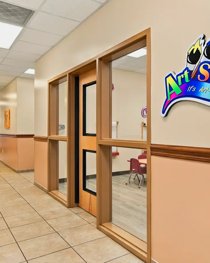 Hallway outside the Art Studio with windows into the classrooms