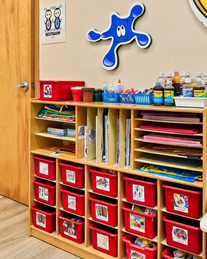 Art Studio cubbies stocked with paint and paper
